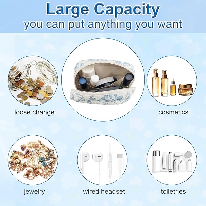 Small Quilted Cotton Makeup Bag for Purse Mini Cosmetic Period Bag for Women Cute Blue Flower Makeup Sanitary Pouch Portable Travel Toiletry Bags with Zipper Christmas Birthday Gifts