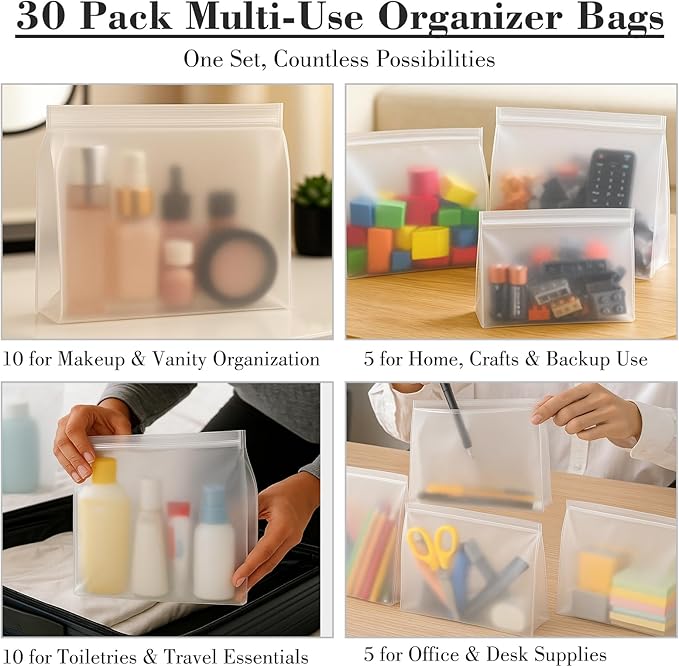 30 Pack Clear Makeup Bag Organizer Cosmetic Zipper Pouch TSA Approved Small Travel Pouches for Toiletries Transparent EVA Reusable Water-resistant Plastic Clear Gift Bags Bulk, (Frosted, Mixed Sizes)