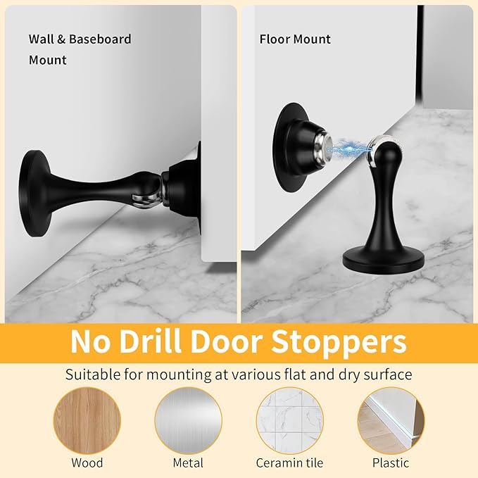 Bak Bo Magnetic Door Stopper, Strong Magnetic Door Holder Keep Door Open, Zinc Alloy Door Catch for Wall & Floor Mounting, No Drilling Door Stop with Adhesive (1 Pack Matte Black)