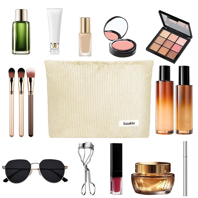 ZLFSQR Corduroy Makeup Bag for Women Small Corduroy Cosmetic Bag Large Cute Travel Makeup Pouch for Purse White Cloth Cosmetic Pouch Zipper Storage Organizer Canvas Toiletry Bags