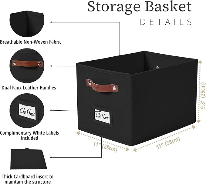 DECOMOMO Storage Baskets for Shelves - Large 15"x11"x10" Foldable Fabric Storage Bins, Baskets for Organizing with Labels (Black, 4pcs)
