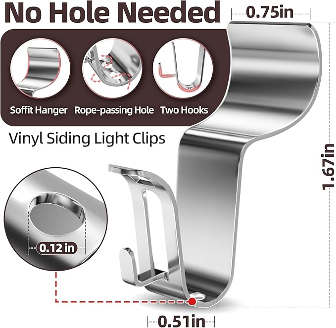 Amuille Vinyl Siding Light Clips, 20 Pack Vinyl Siding Hooks, Heavy Duty Stainless Steel Siding Hangers for Hanging Outside Holiday Decor, String Lights, Wreaths