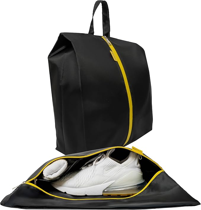 Water Resistant Travel Shoe Bags with Two Inner Pockets - Shoe Carrier Storage Cube Pouch with Zipper & Handle - Portable Shoe Bag for Gym,Traveling,Dance,Cross Country, Track & Field- Black