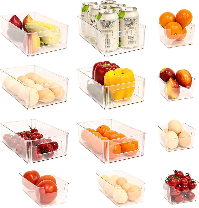 Refrigerator Organizer Bins 12 Pack Fridge Organizers with Handles Clear Freezer Storage Containers for Pantry, Cabinets,Shelves, Drawer – Plastic Kitchen Organizers