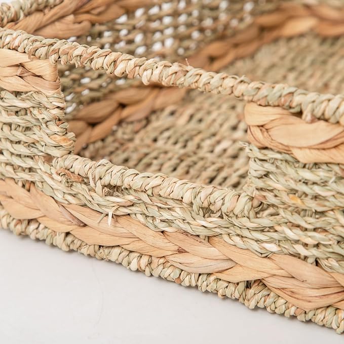 Water Hyacinth Storage Basket - Small Rustic Rectangle Woven basket Organizer with Handle for Home & Office Decor (Hyacinth&Seagrass)