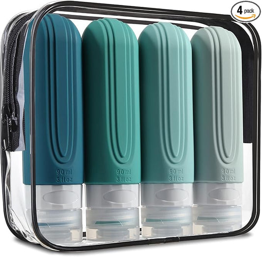 Mrsdry Travel Bottles for Toiletries, TSA Approved 3oz Travel Size Containers BPA Free Leak Proof Refillable Liquid Silicone Squeezable Travel Accessories for Shampoo Conditioner Lotion (4 Pack)