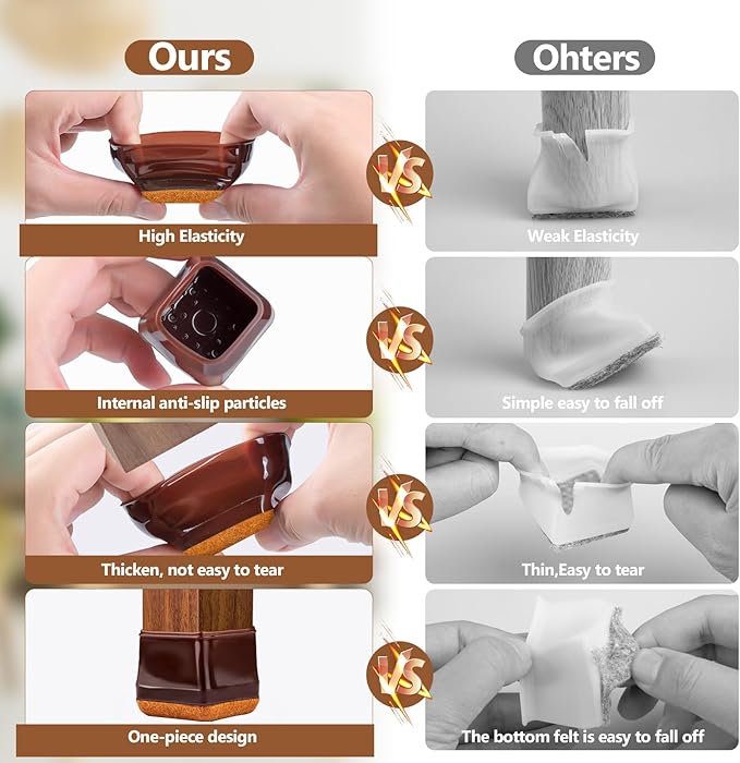 16Pcs Square Chair Leg Floor Protectors with Thickened Felt Pads Silicone Chair Leg Covers Caps to Protect Hardwood Tile Floors Furniture Feet Reduce Noise (Brown XS Fit 0.55"-0.75")