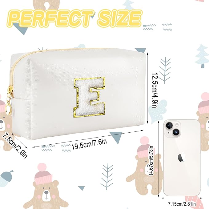 Gifts for Girls Initial Makeup Bag Personalized Cosmetic Bag with Zipper Cute Travel Toiletry Bags Waterproof PU Preppy Makeup Pouch Birthday Gift for Teen Girls Women(White E)