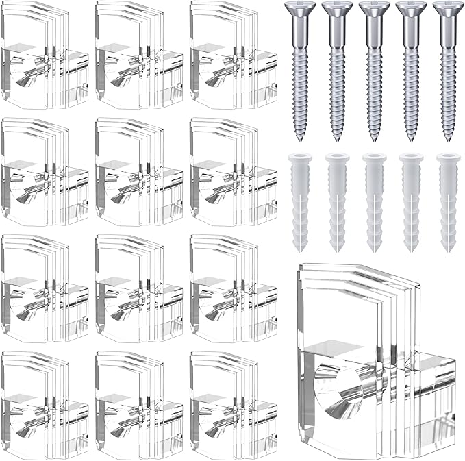 Mirror Holder Kit - 22 Crystal Clear Plastic Clips, Glass Retainer Clips, Hanging Kit with Screws and Fixed Mirror Box Door