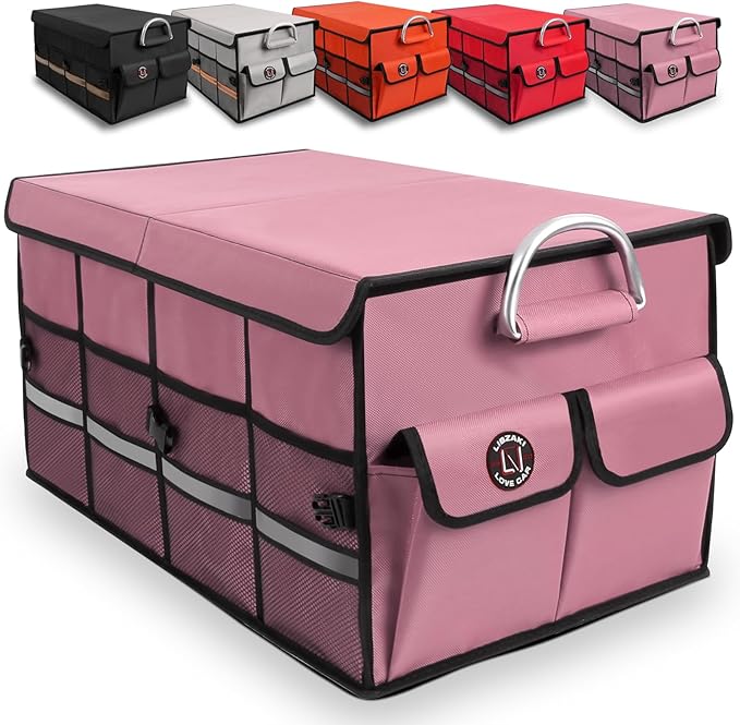 LI LIBZAKI Car Trunk Organizer, Cargo Organizer SUV Trunk Storage Non Slip Bottom Waterproof Collapsible Durable Multi Compartments-(Standard,Pink)