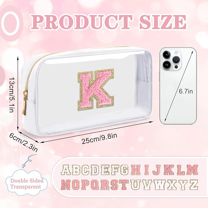 Small Clear Personalized Initial Makeup Bag,Nylon Preppy A-Z Chenille Letter Patch Cosmetic Pouch Beach Toiletry Bag,Waterproof Zipper Travel Purse Storage Bag Organizer for Women Girls(White-Pink K)