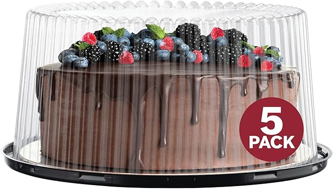 10 - 11" Plastic Disposable Cake Containers Carriers With Dome Lids And Cake Boards [5 Pack] And Cake Server | Round Bundt Cake Boxes / Cover | 2-3 Layer Cake Holder Display Containers For Transport