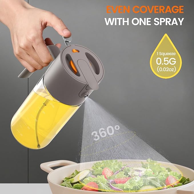 2 in 1 500ml/17oz Oil Sprayer for Cooking, 2026 Large Advanced Glass Olive Oil Dispenser Bottle w/stickers, Even Spray with Portion Control for Kitchen, Air Fryer, Salad, BBQ - Grey