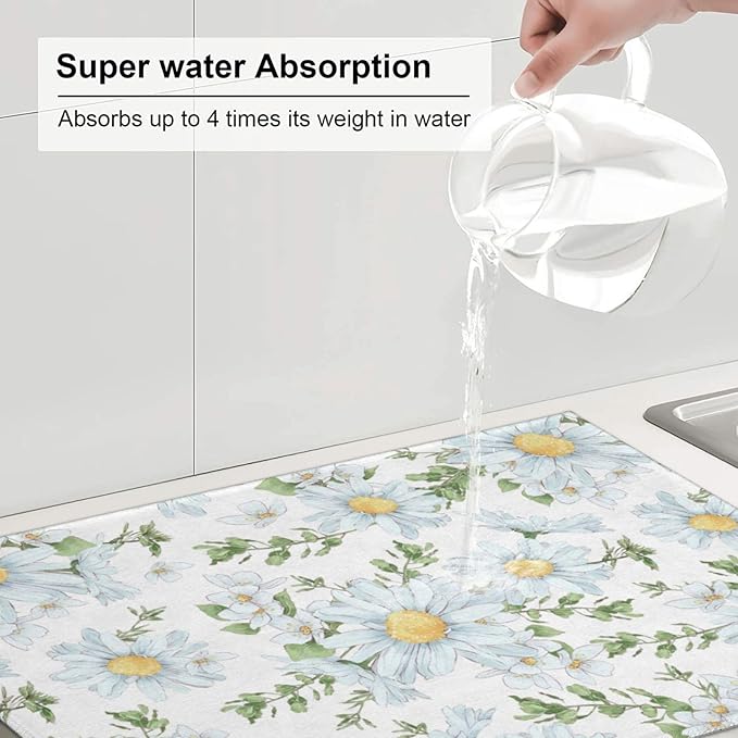 Watercolor Daisy White Dish Drying Mat for Kitchen Counter, Microfiber Absorbent Dish Draining Mat, Large Kitchen Drying Mat Heat Resistant Drying Pad for Dishes Utensils Countertops Sinks 18x24 Inch