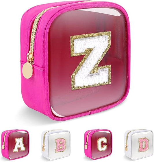 Personalized Initial Letter Clear Preppy Makeup Bag,Mini Nylon Chenille Letter Cosmetic Bag Cute Zipper Pouch Coin Purse for Teen Girls,Portable TSA Approved Travel Essentials Bag Gift for Women,Z