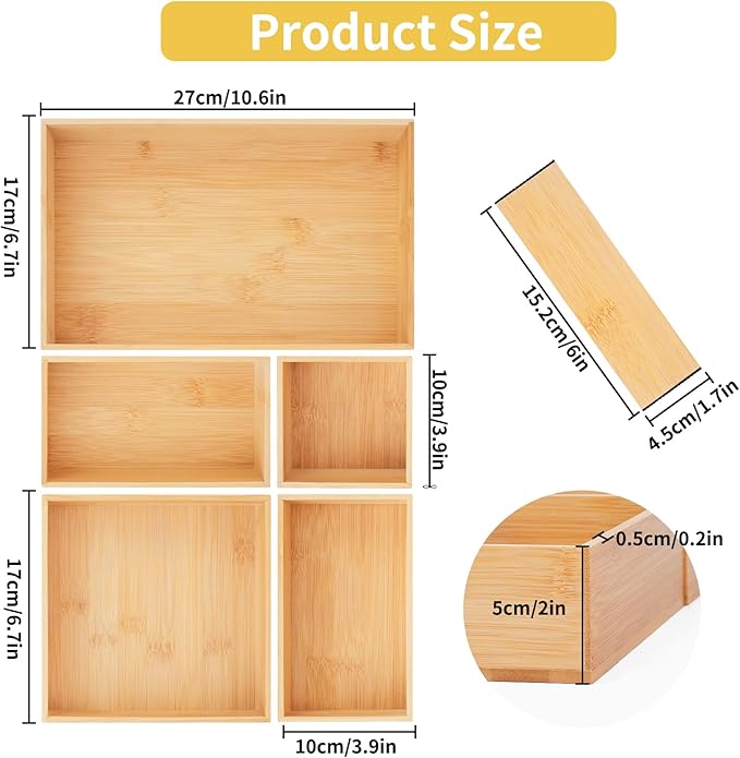 5PCS Bamboo Drawer Organizer with Adjustable Wood 2 Drawer Dividers, Stackable Makeup Desk Junk Storage Boxes Container Trays with 7 Grid for Kitchen Utensils,Bathroom, Office