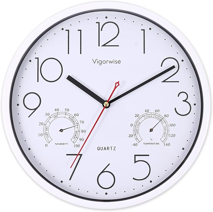 Wall Clock, Sweep Silent Movement Accurate Clocks with Temperature & Humidity, Decorative for Kitchen/Living Room/Bedroom/Office/School/Classroom (White, 12 inch)