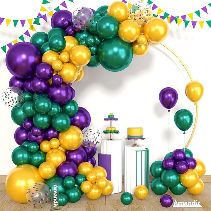 Amandir 153pcs Mardi Gras Decorations Balloons Arch Garland Kit, Different Sizes 18 12 10 5inch Pearl Purple Green Gold Confetti Mardi Gras Balloons for Fat Tuesday Carnival Birthday Party Supplies