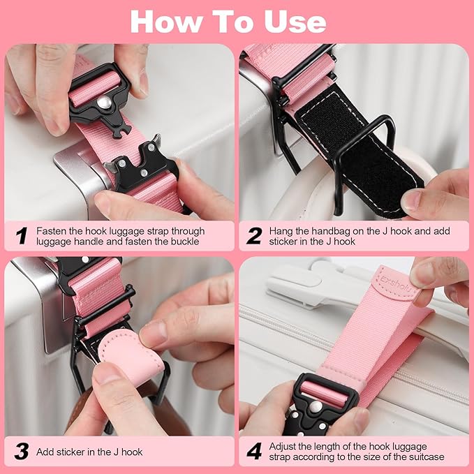 J Hook for Luggage Strap, Luggage Hook Strap Flight Attendant with Hands Free, Adjustable Luggage Hook for Carry on Bag