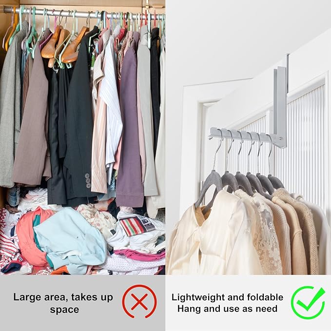 YAZYBHA Over The Door Hooks Hanger for Clothes, 1 Pack Foldable Over The Door Drying Rack for Laundry, Overdoor Hanger Hook with 6 Groves for Towel, Coat, White