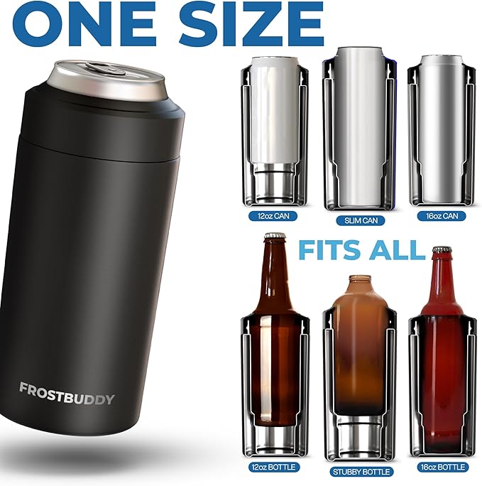 Frost Buddy Universal Can Cooler - Fits all - Stainless Steel Can Cooler for 12 oz & 16 oz Regular or Slim Cans & Bottles - Stainless Steel (Peeps Drip)