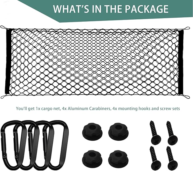53 x 18 Inch Truck Bed Cargo Net - Heavy Duty Stretchable Car Organizer with Aluminum Carabiners, Universal Fit for Pickup Trucks SUVs Cars | Durable Elastic Vehicle Storage Accessory