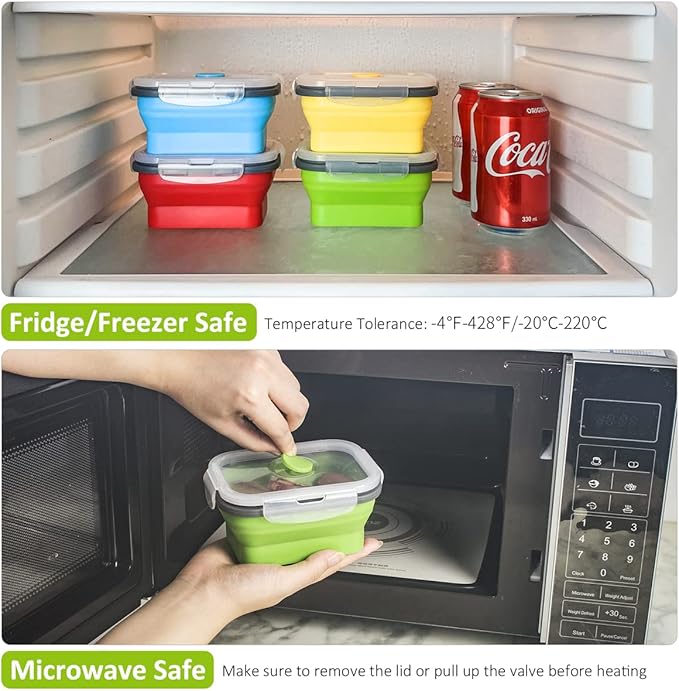 Collapsible Food Storage Containers with Airtight Lids, 11.8 oz, Small Kitchen Stacking Silicone Collapsible Meal Prep Container Set for Leftovers, Microwave Freezer Dishwasher Safe, 4 Colors, Set of 4