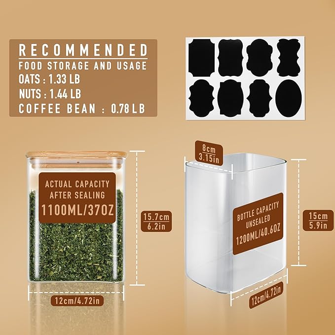 37oz Rectangle Airtight Glass Storage Containers with Bamboo Lids (Set of 4), Square Food Storage Jar, Pantry Organizers for Cereal, Nuts, Snacks and Coffee beans (with Black Label)
