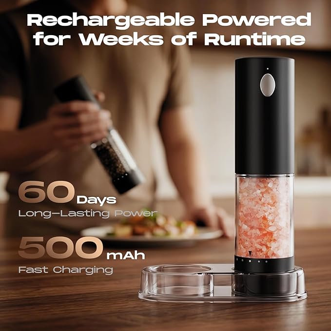 Electric Salt and Pepper Grinder Set, Rechargeable Automatic Salt and Pepper Shaker with 6 Adjustable Coarseness, Large-Capacity Pepper Mill Kitchen Appliances Gifts for Women(Black）