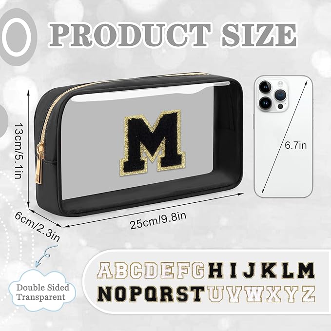 Small Clear Personalized Initial Makeup Bag,Nylon Preppy A-Z Chenille Letter Patch Cosmetic Pouch Beach Toiletry Bag,Waterproof Zipper Travel Purse Storage Bag Organizer for Women Girls(Black-Black M)