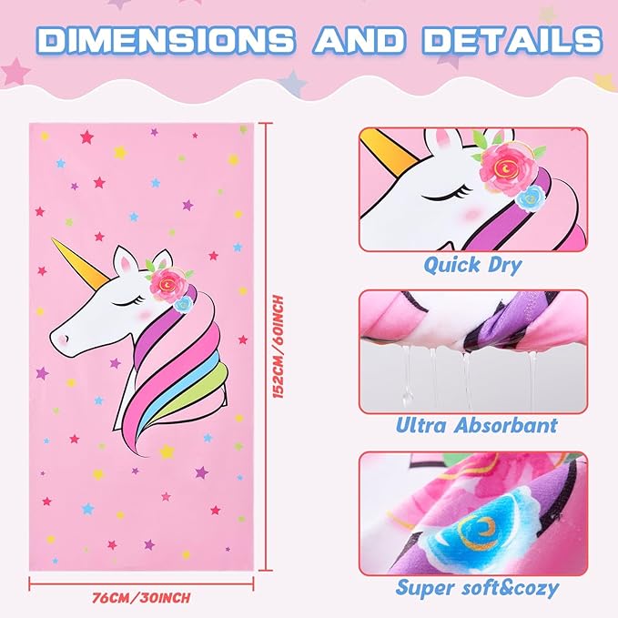 Unicorn Kids Beach Towel for Girls - 30” x 60” Pink Pool Swimming Towels Personalized Beach Towels for Girls Kids Quick Dry Ultra Absorbent Super Soft Beach Blanket Camping Travel Bath Shower Towel