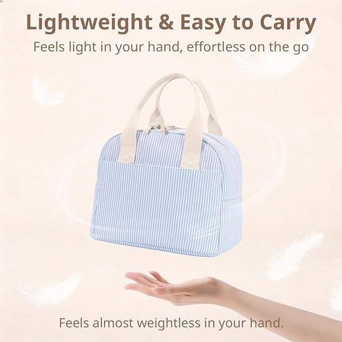 LOVELYWIND Insulated Lunch Bag for Women, Reusable Blue Striped Lunch Box Cooler Bag with Large Capacity, Durable Lunch Tote for Work