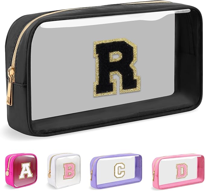 Small Clear Personalized Initial Makeup Bag,Nylon Preppy A-Z Chenille Letter Patch Cosmetic Pouch Beach Toiletry Bag,Waterproof Zipper Travel Purse Storage Bag Organizer for Women Girls(Black-Black R)
