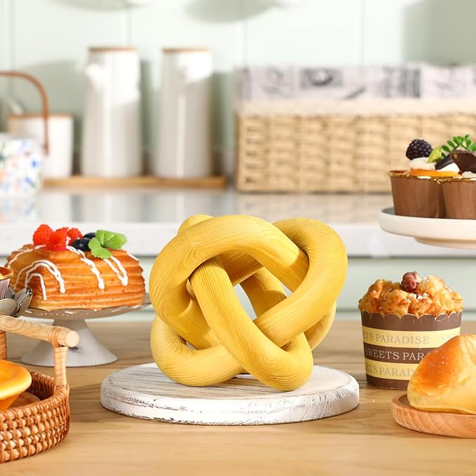 3 Link Wood Knot Decor - Hand Carved Coffee Table Decoration, Boho Chain Link Decor, Modern Shelf, Rustic Objects for Home Living Room Bedroom(Yellow)