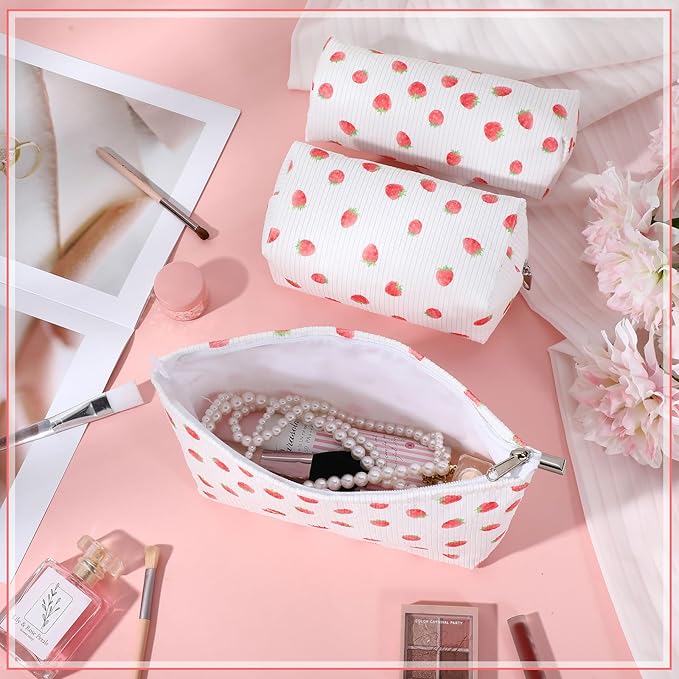 3 Pcs Makeup Bag Set for Women Corduroy Cosmetic Pouch Aesthetic Smile Travel Toiletry Bag Cute Purse Pouch Pencil Case Makeup Brushes Storage Organizer for Christmas (Beige,Strawberry)