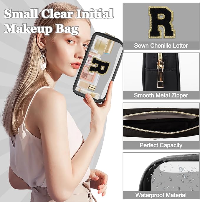 Small Clear Personalized Initial Makeup Bag,Nylon Preppy A-Z Chenille Letter Patch Cosmetic Pouch Beach Toiletry Bag,Waterproof Zipper Travel Purse Storage Bag Organizer for Women Girls(Black-Black R)