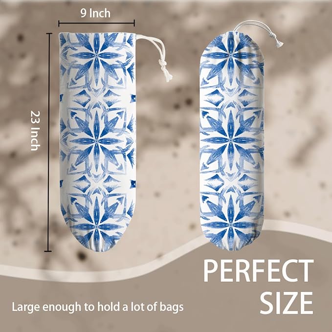 Navy Blue Plastic Bag Holder, Reusable Grocery Bags Holder, Wall Mount Trash Bags Dispenser for Home Kitchen Cabinet, Pantry Organization, Kitchen Pattern Garbage Bag 66