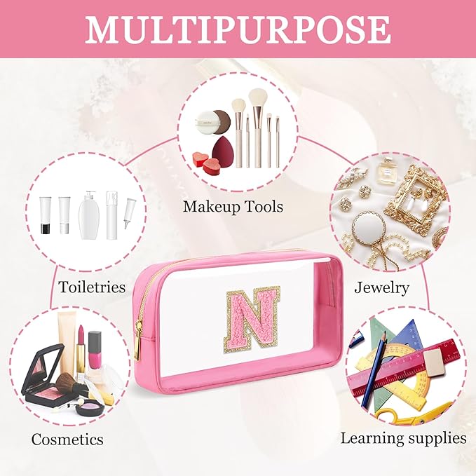 Small Clear Personalized Initial Makeup Bag,Nylon Preppy A-Z Chenille Letter Patch Cosmetic Pouch Beach Toiletry Bag,Waterproof Zipper Travel Purse Storage Bag Organizer for Women Girls(Pink-Pink N)