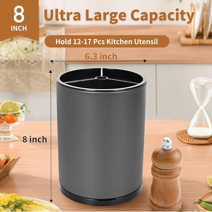 Extra Large Kitchen Utensil Holder - 360° Rotating Stainless Steel Cooking Utensil Holder for Countertop, 3 Compartment Flatware Organizer & Utensil Caddy with Removable Base (Grey)