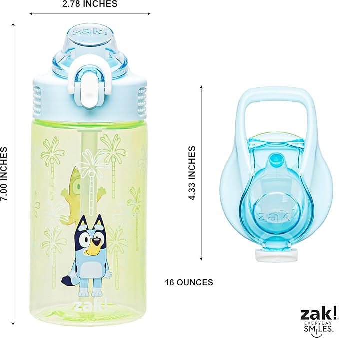 Zak Designs Bluey Sage Kids Water Bottle For School or Travel, 16oz Durable Plastic Water Bottle With Straw, Handle, and Leak-Proof, Pop-Up Spout Cover (Bluey & Bingo)