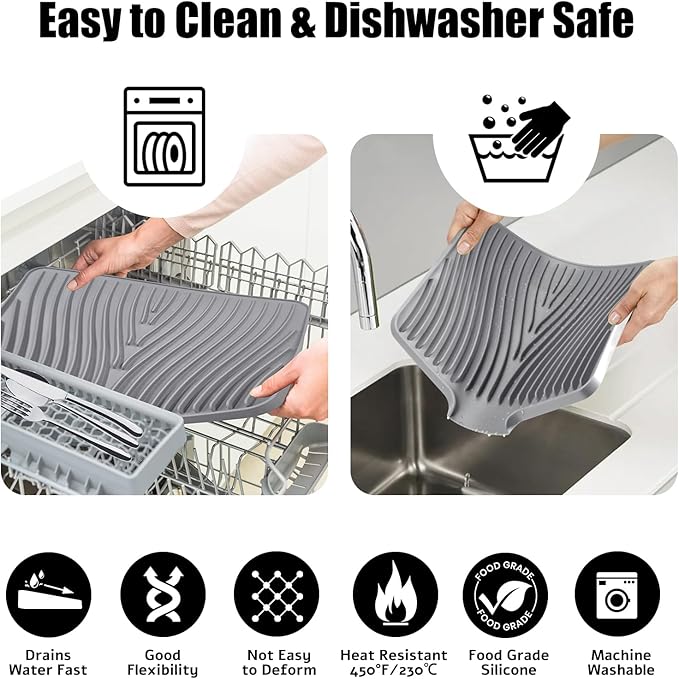 TIKNIK Silicone Dish Drying Mat, Stone Drying Mat for Kitchen Counter with Built-In Drain, Non-Slip Drain Pad with Built-in Drain, Heat Resistant Stone Drying Mat, 1Pcs 20" x 15", Grey