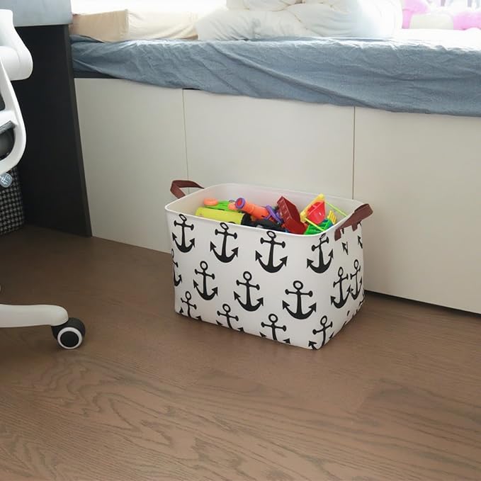 Laundry Basket Canvas Collapsible Storage Basket with Handles Children's Storage Basket for Home, Books (Anchor)