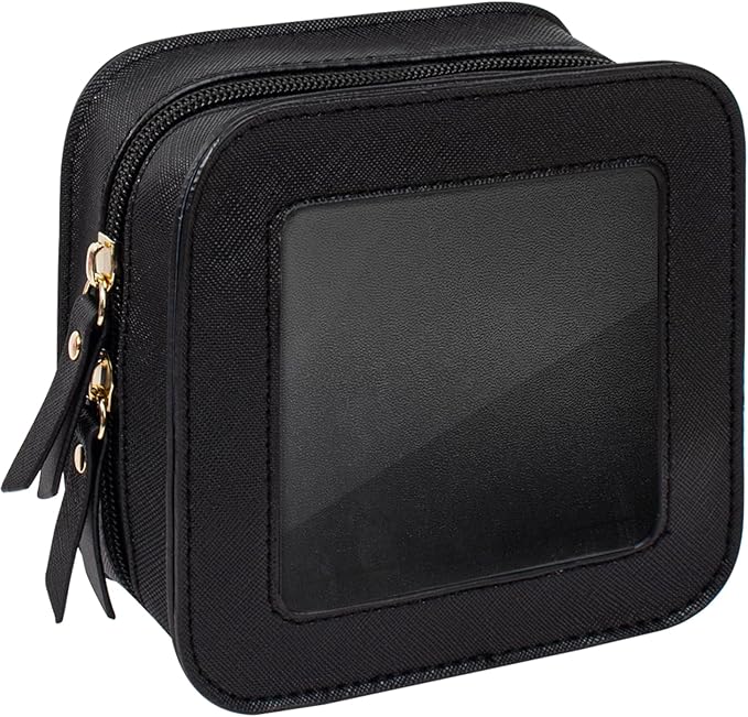 Small Clear Makeup Bag for Purse Travel Cosmetic Case Transparent Toiletry Bag with Zipper, Portable Make Up Organizer Traveling Compact Car Bag for Essentials (Black, Mini)