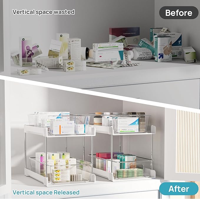 Vtopmart 4 Pack Bathroom Organizer, 2 Tier White Under Sink Organizers Vanity Countertop Storage Container, Cabinet Drawers Bins, Pull-Out Organization with Track for Pantry, Kitchen