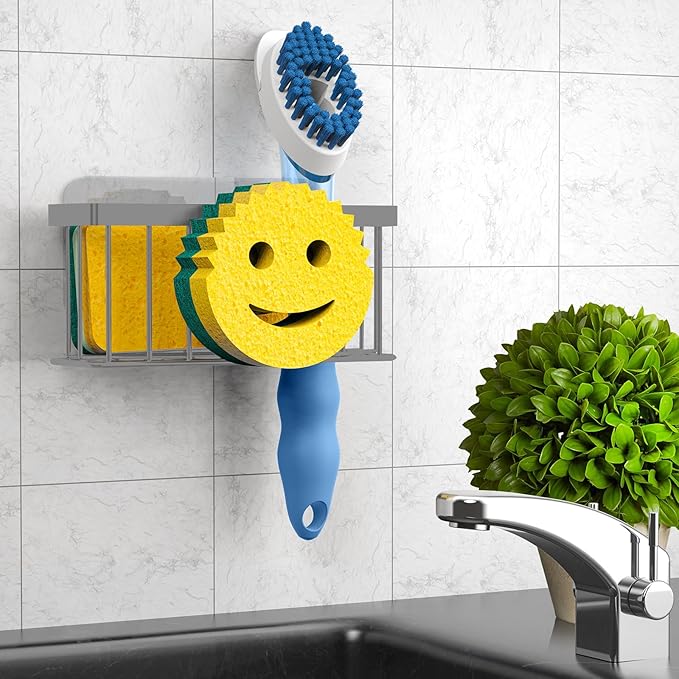 Sponge Holder Smiley Face, Sink Caddy for Kitchen Sink, Sponge Holder with 2 PCS Suction Cups/1 PCS Adhesive Strips, Designed for Sponge, Soap, Dish Brush, Scrubber - Charcoal Gray