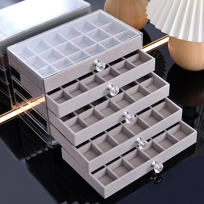 SPAKOWN Earring Box Holder Organizer Display Case, Clear Velvet Jewelry Storage Tray Organizer for Earring Ring Stud (Grey - 5 Drawers)