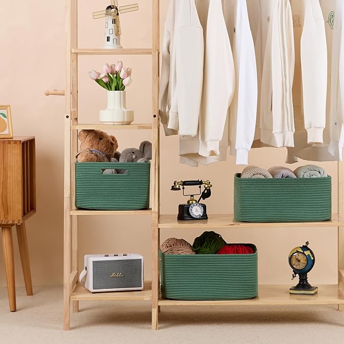 MiniArk Large Storage Baskets for Shelves, Closet Organizers Bins for Clothes Blanket Towels, Baby Nursery, Toy Baskets Box, Woven Rope Baskets, 17 x 13 x 7.5”, 3 Packs Green