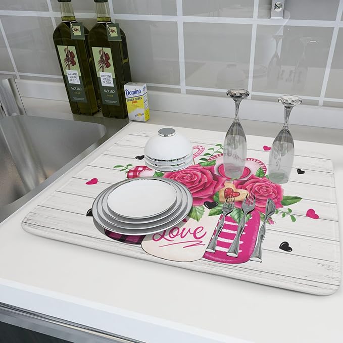 Valentine's Day Rose Flower Dish Drying Mat for Kitchen Counter,Mason Jar Pink Love Heart Drying Mat 18 x 24 Inch with High Absorbent Microfiber Drainer Mat for Coffee Bar