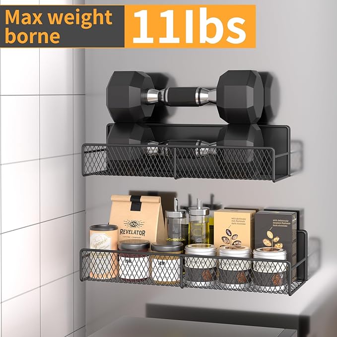 Magnetic Spice Rack for Refrigerator, 4 Pack 100% Metal Strong Magnet Fridge Shelves, Space Saving Spice Organizer, No Drilling Movable Home Kitchen Laundry Room Storage Organization, Black