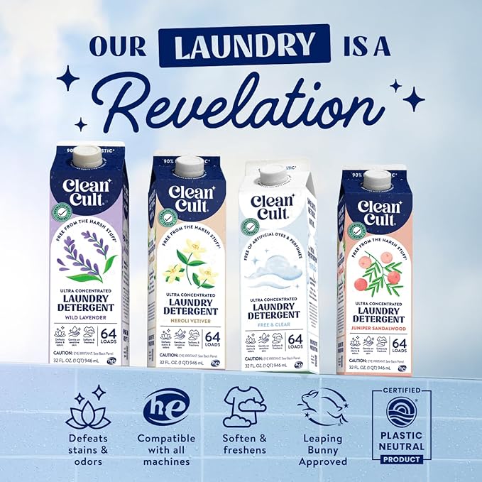 Cleancult Ultra Concentrated Liquid Laundry Detergent, 64 loads (32 oz), Long Lasting Scent, 90% Less Plastic, No Harsh Chemicals, Rose Petal, Defeats Stains & Odors, HE/Standard Compatible